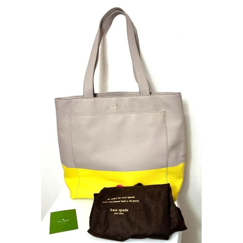Kate Spade Lita Street Andrea Tote Bag Grey Yellow Colorblock Faux Leather EUC